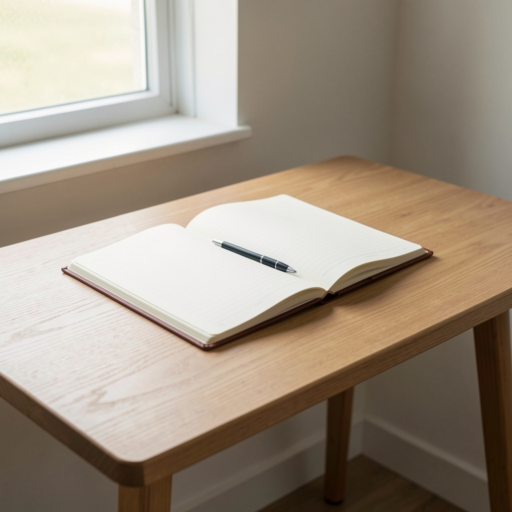 Minimalist wooden writing desk with an open notebook, a pen, and soft daylight from a nearby window suggesting calm and thoughtful correspondence