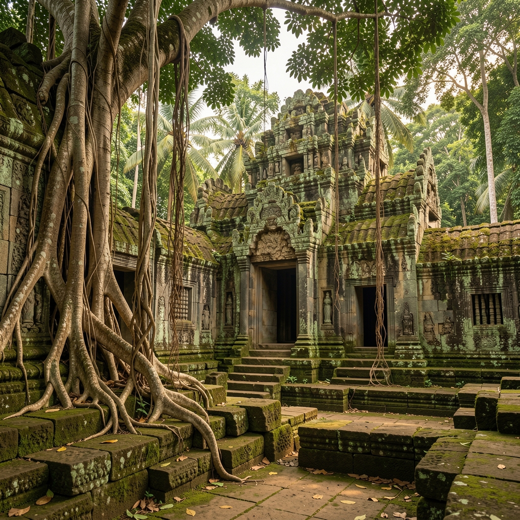 Ancient stone temple ruins in tropical setting with moss-covered walls and overhanging tree roots, evoking historical depth and cultural heritage
