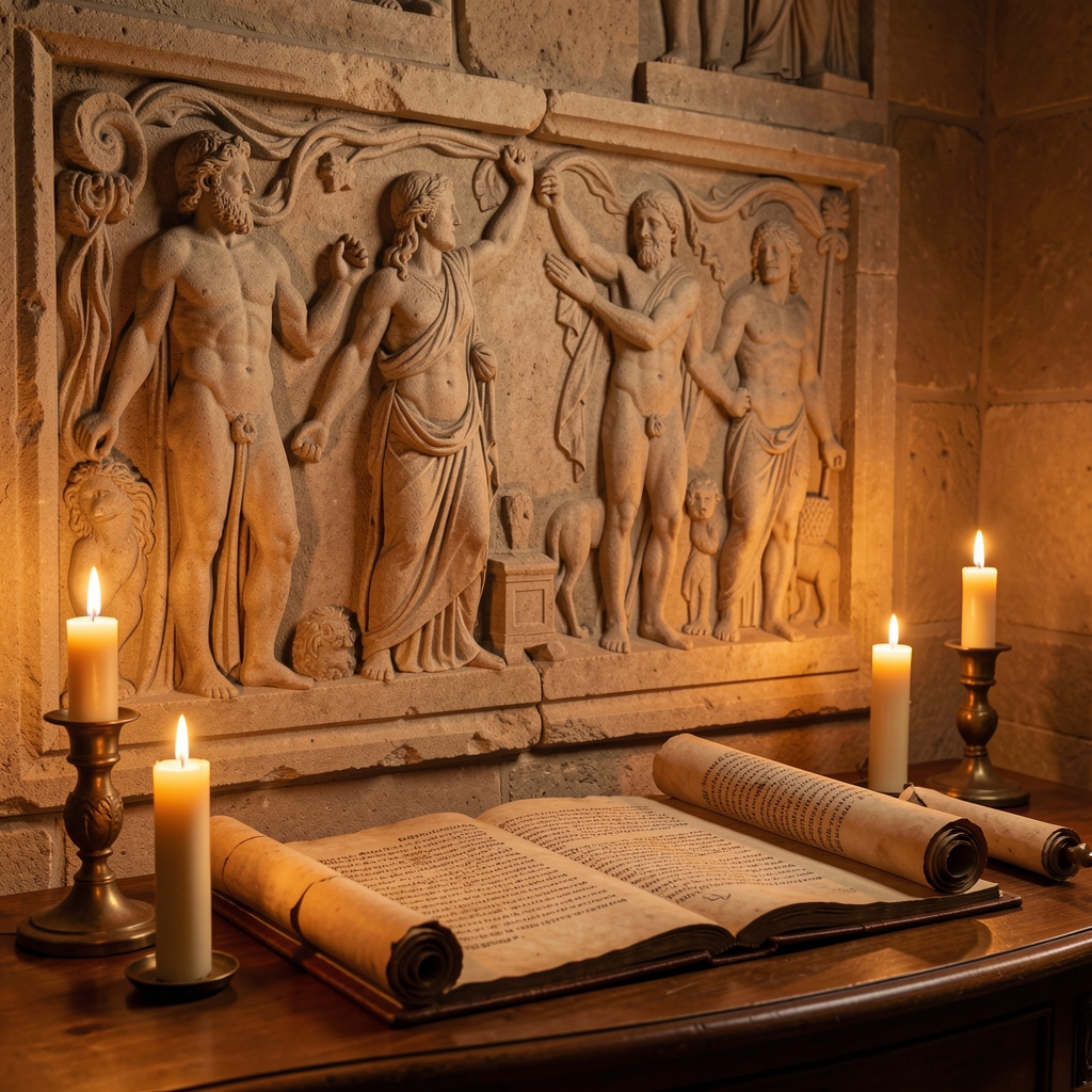 Carved stone reliefs and ancient scrolls in warm amber candlelight evoking classical antiquity and early systematic thinking about the human body