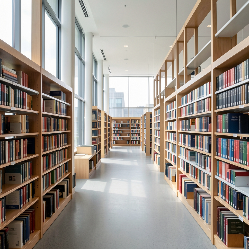 Modern research library interior with rows of academic journals and natural light from wide windows reflecting a contemporary institutional knowledge setting