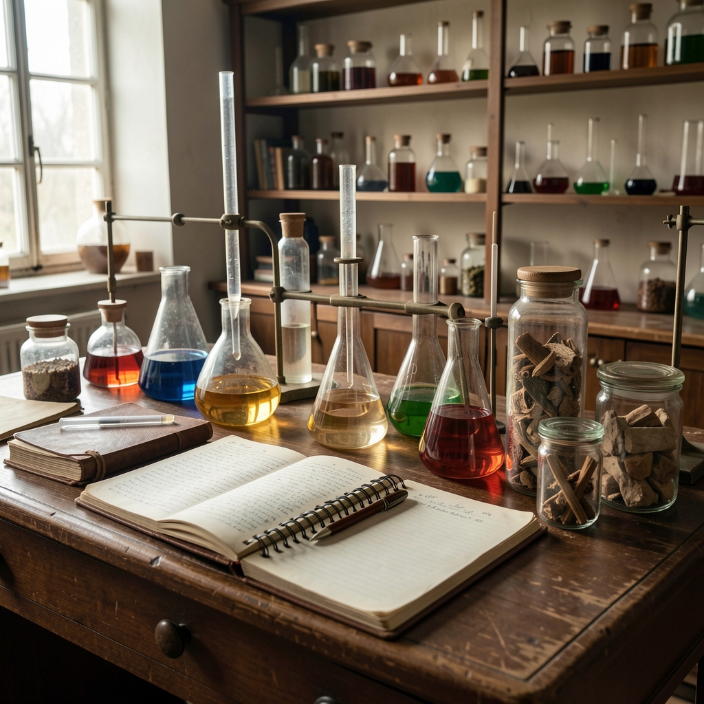 Vintage scientific laboratory with glass instruments, notebooks and specimen jars representing the emergence of systematic empirical investigation in the 19th century